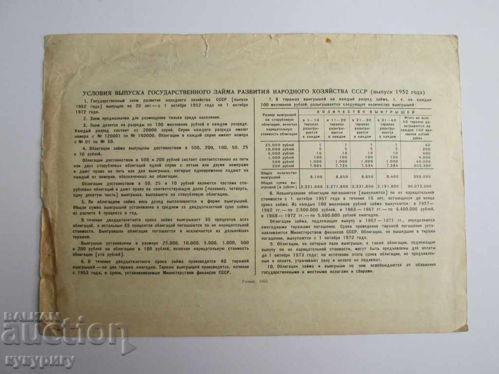 Delivery of Old Russian USSR bond 200 rubles loan document 1952 Delivery of Old Russian USSR bond 200 rubles loan document 1952