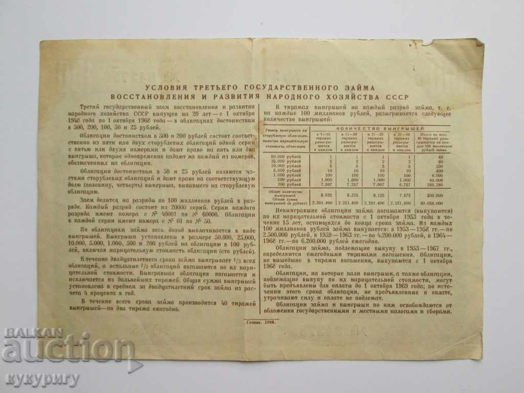 Delivery of Old Russian USSR bond 100 rubles loan document 1948 Delivery of Old Russian USSR bond 100 rubles loan document 1948