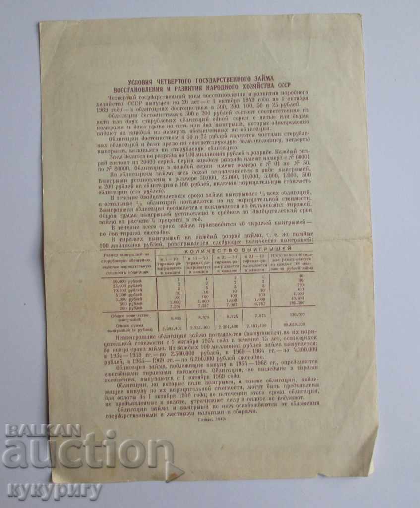 Delivery of Old Russian USSR bond 100 rubles loan document 1949 Delivery of Old Russian USSR bond 100 rubles loan document 1949