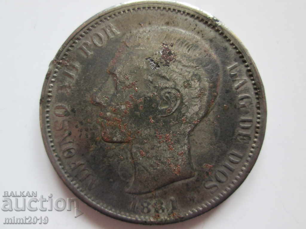 1881 SPAIN, silver coin, 5 pesetas