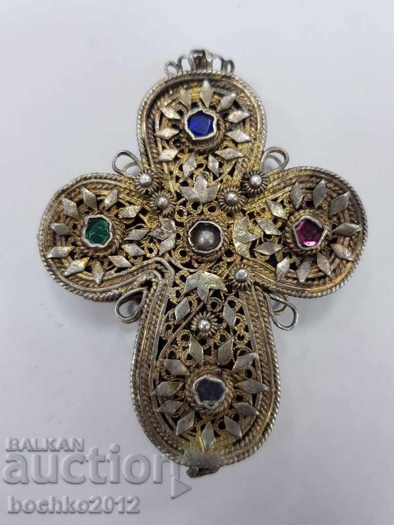 Rare collector's Revival silver gilded cross 19c.