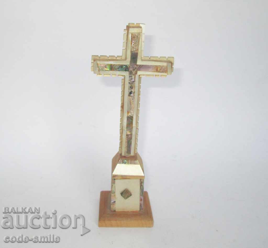 Ancient mother of pearl religious table cross wood and mother of pearl