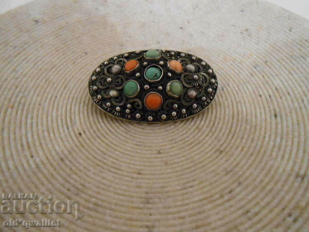 Auction Old beautiful BROOCH, silver filigree with stones Auction Old beautiful BROOCH, silver filigree with stones