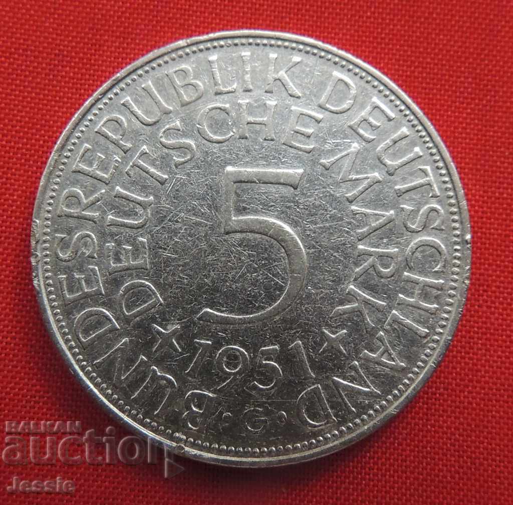 5 Marks 1951 G Germany Silver