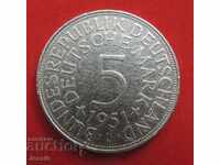 5 марки 1951 G Германия сребро