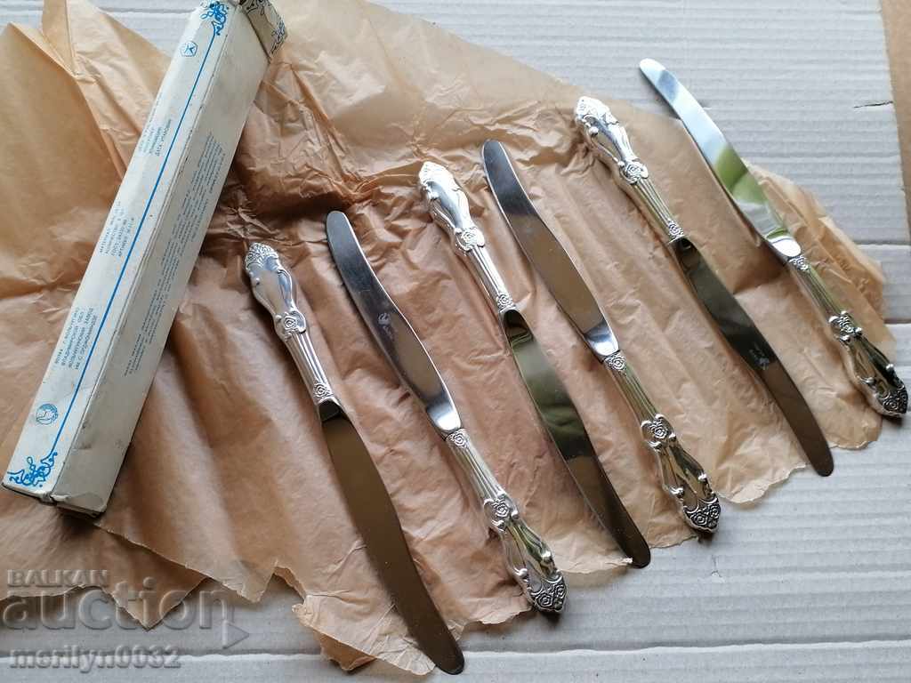 6 pieces of knives thickly silver-plated unused USSR spoon with price 98.00 BGN | € 50.11 6 pieces of knives thickly silver-plated unused USSR spoon with price 98.00 BGN | € 50.11