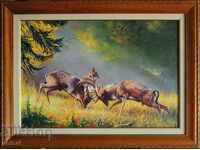 Fallow deer, wrestling, framed picture