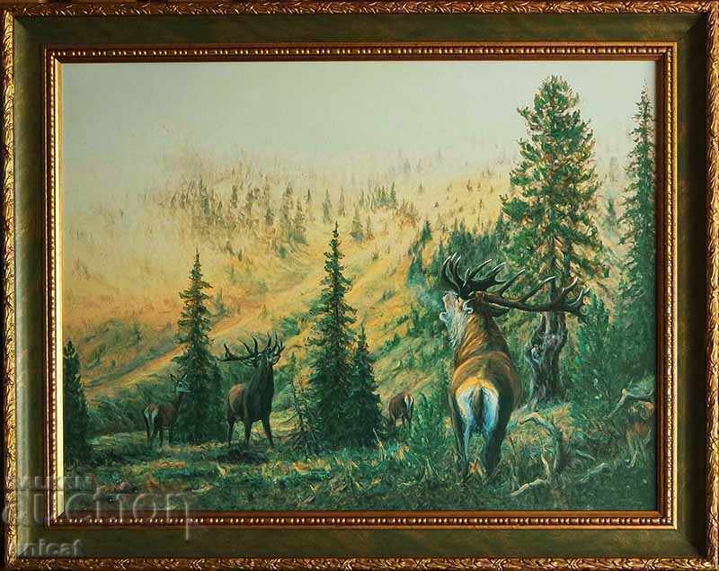 Red deer in Rila Mountain, autumn, painting Red deer in Rila Mountain, autumn, painting