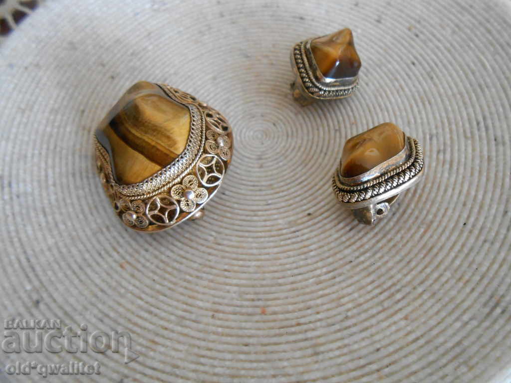 Δημοπρασία Ασημένια καρφίτσα και σκουλαρίκια, σφραγίδα ματιών Tiger: ΑΣΗΜΕΝΙΟ