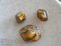 Silver BROOCH and EARRINGS, Tiger's eye stamp: SILVER