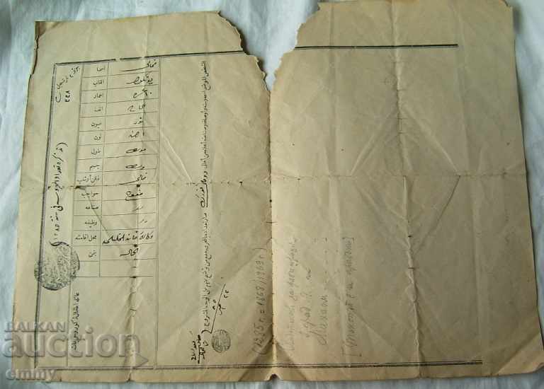 Османски документ лична карта разрешително 1869