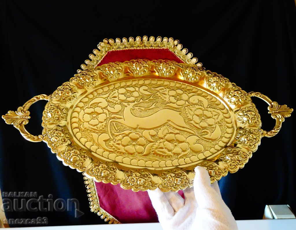 Bronze tray, platter, fruit bowl, hunting, deer, marked - 7