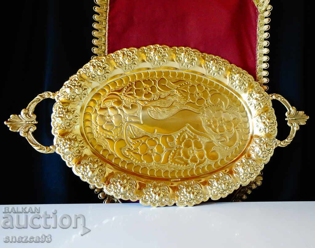 Bronze tray, platter, fruit bowl, hunting, deer, marked Bronze tray, platter, fruit bowl, hunting, deer, marked