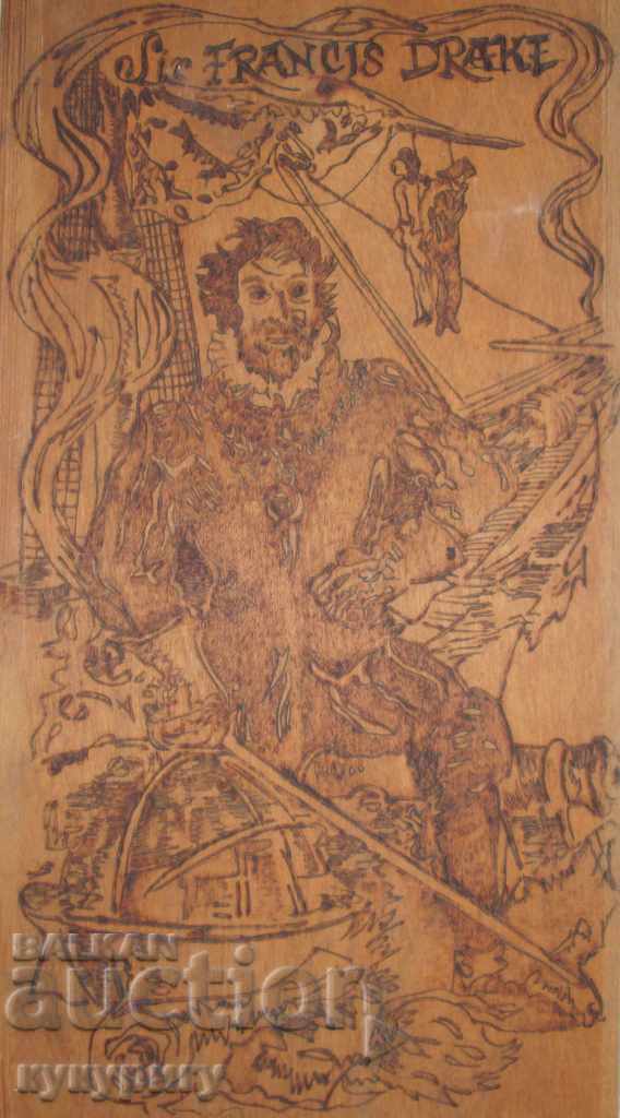 Imagine cu afiș mare mare, vechi, gravură pirografică Pirat de mare