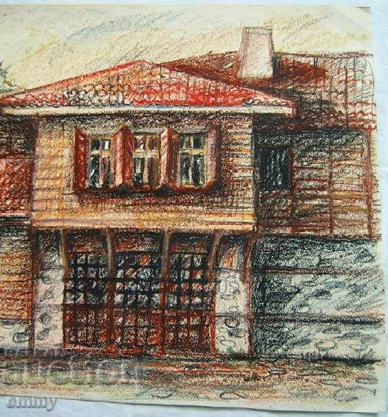 Auction Pastel drawing signed Old house Auction Pastel drawing signed Old house