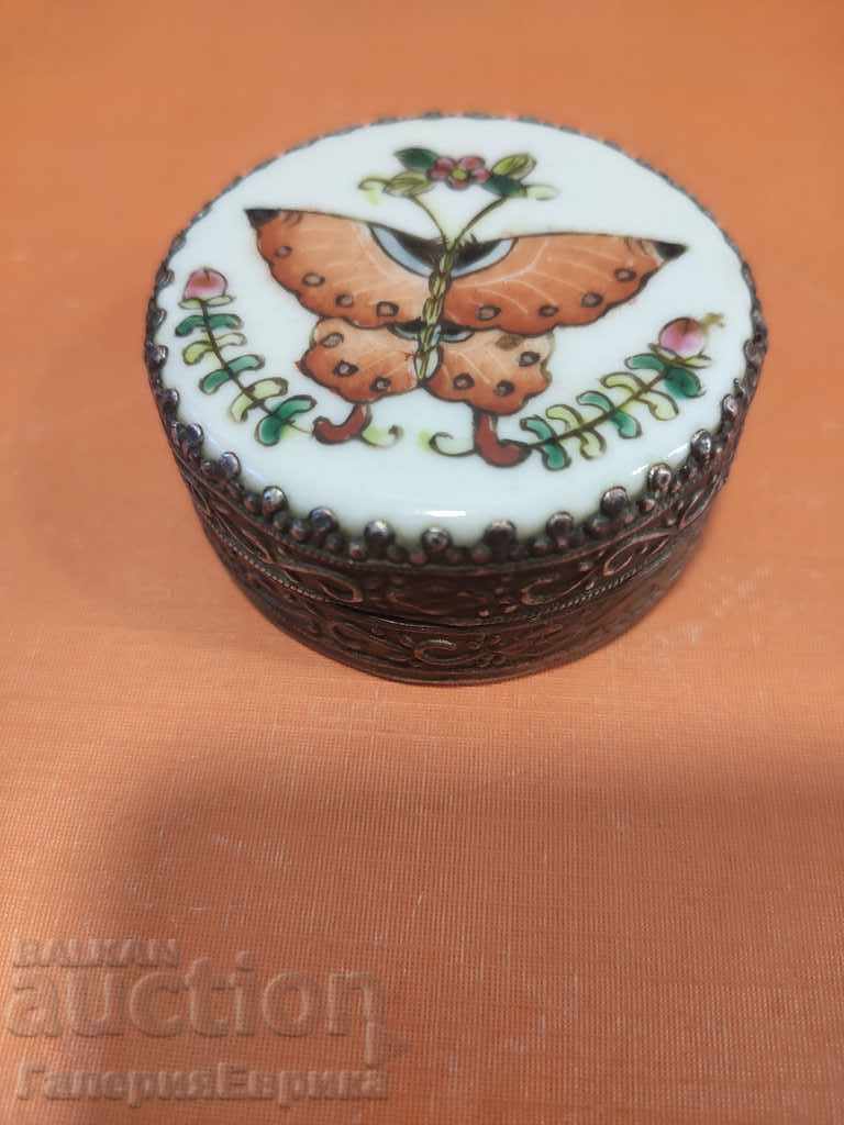 Metal box with porcelain lid old authentic