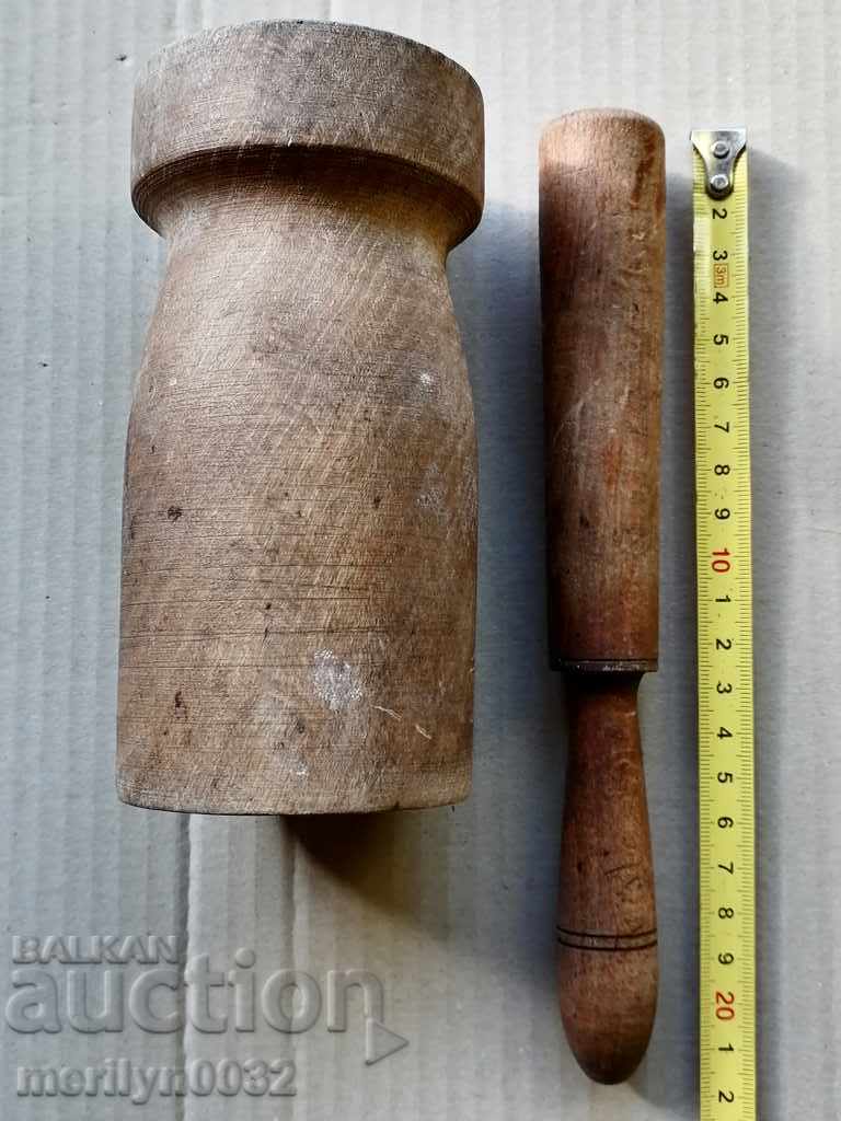 An old wooden mortar with hammer, mortar, chute, wooden - 5
