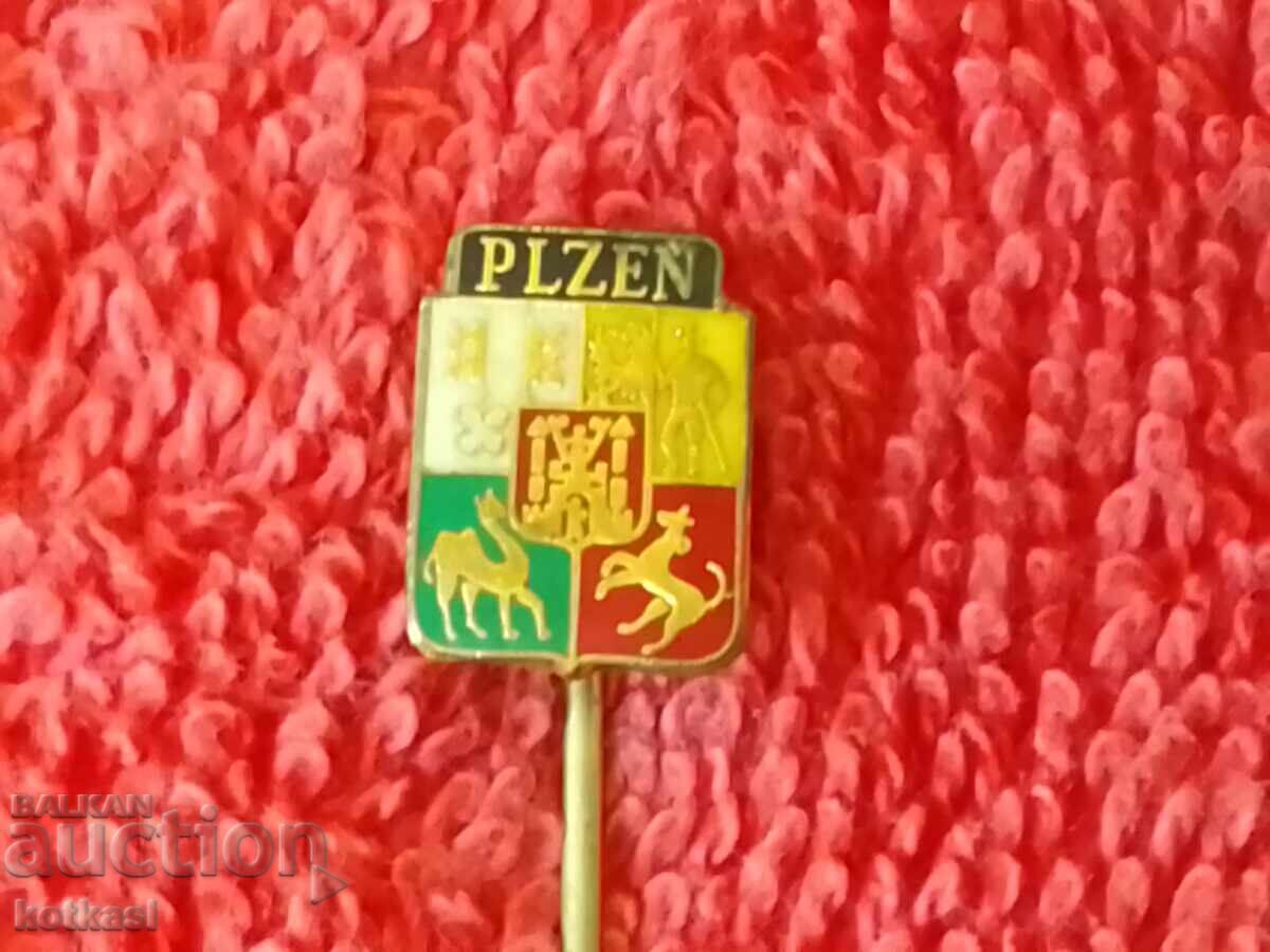 Old solid badge bronze pin PLZEN PLZEN - 6