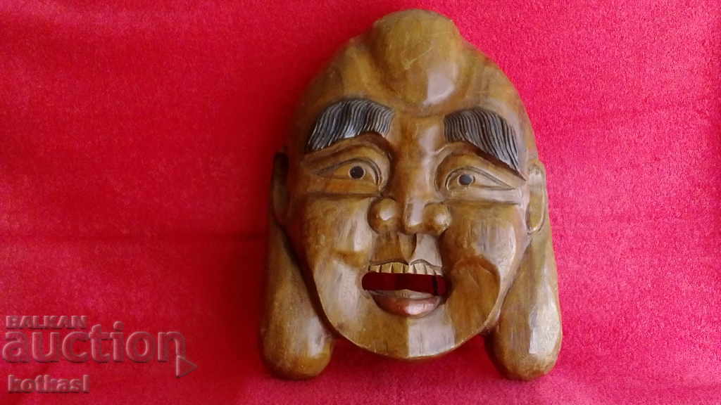 Old large massive wood carving mask of a Laughing Buddha, rare Old large massive wood carving mask of a Laughing Buddha, rare