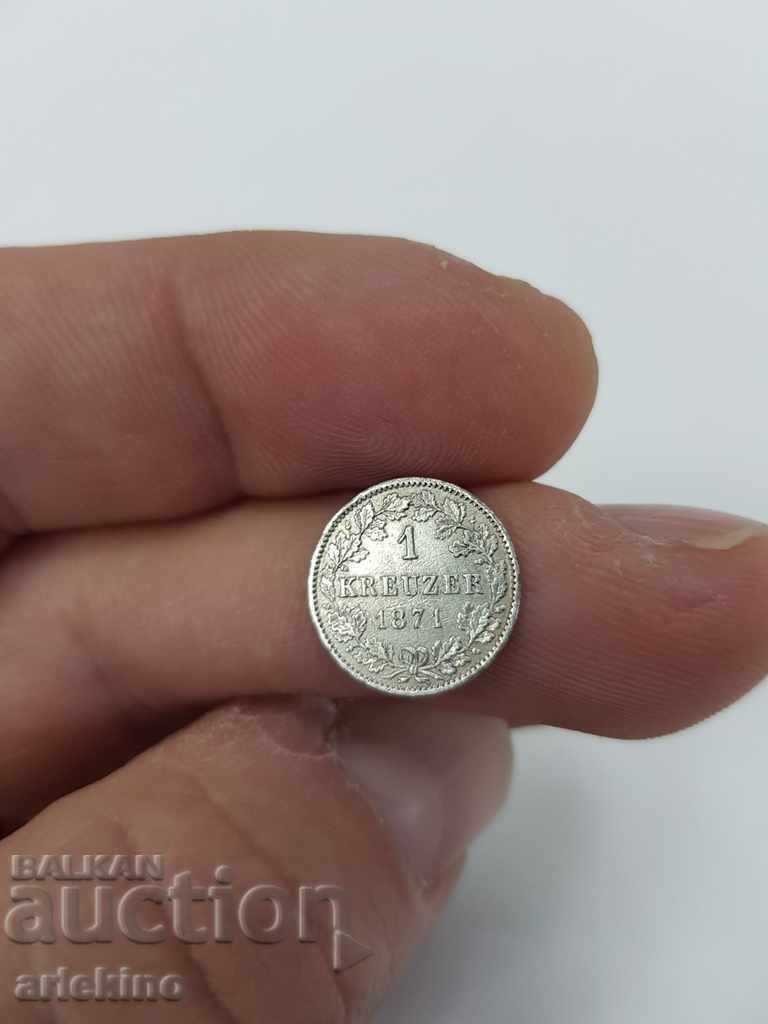 Рядка германска сребърна монета 1 кройцер 1871