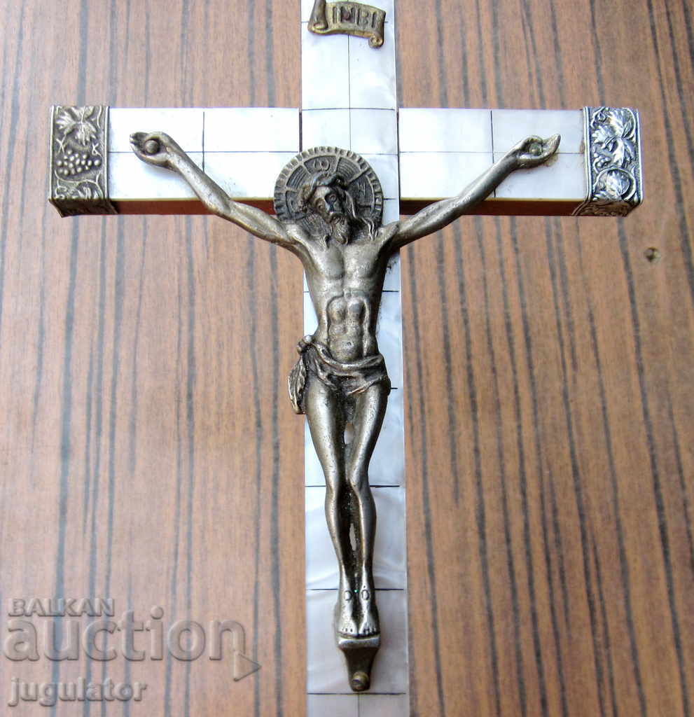 Auction  Large old wooden mother-of-pearl cross crucifix Jesus Christ