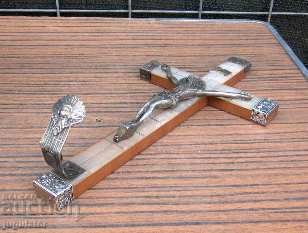 Delivery of Large old wooden mother-of-pearl cross crucifix Jesus Christ