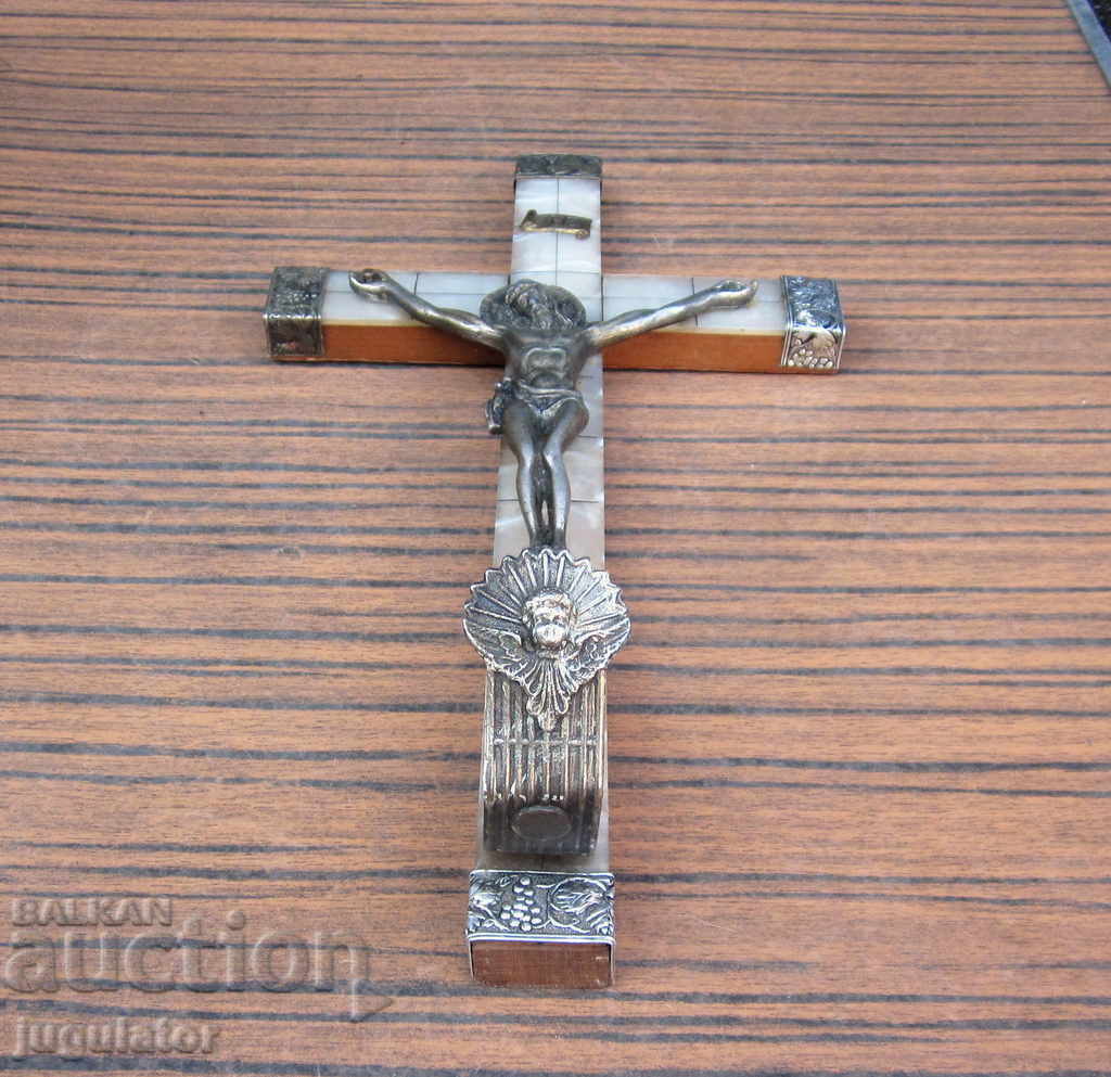 Large old wooden mother-of-pearl cross crucifix Jesus Christ - 5