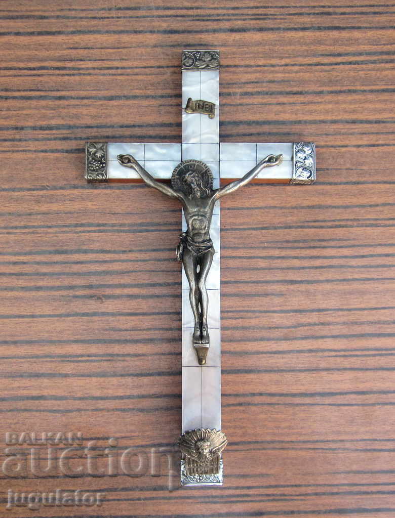 Large old wooden mother-of-pearl cross crucifix Jesus Christ