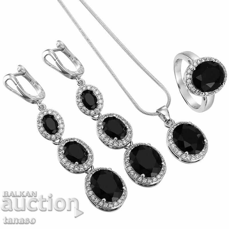 Μαζικά ασημένια κοσμήματα σετ με μαύρες τοπάζες