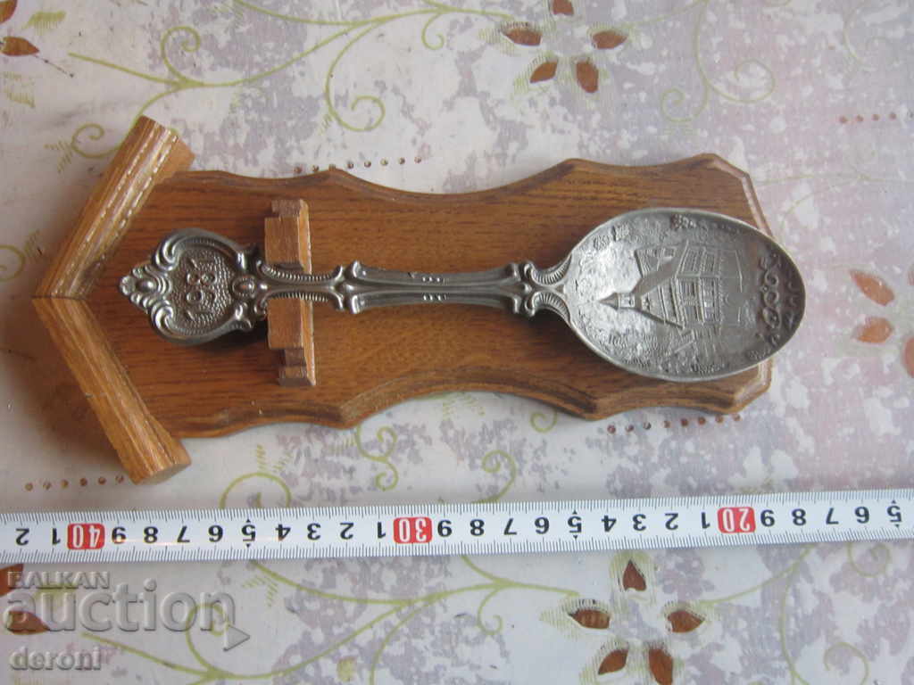 Unique pewter spoon with oak stand 1981 Pewter spoon