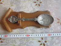 Unique pewter spoon with oak stand 1981 Pewter spoon