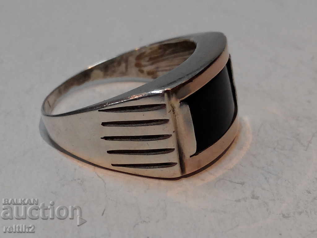Old silver Russian USSR ring with onyx and gold