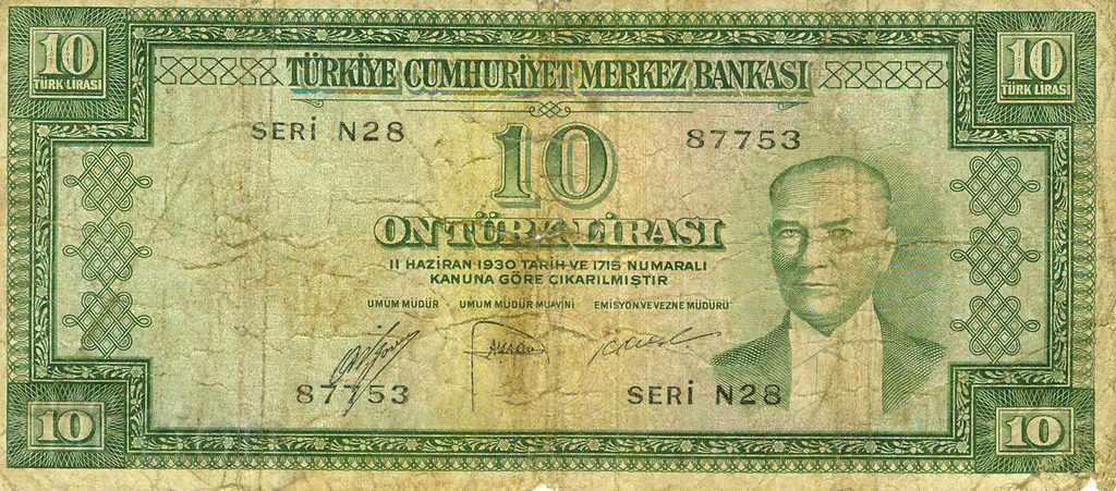 Turcia 10 lire 1953 Ataturk Edirne Bridge Maritsa linia P-174b