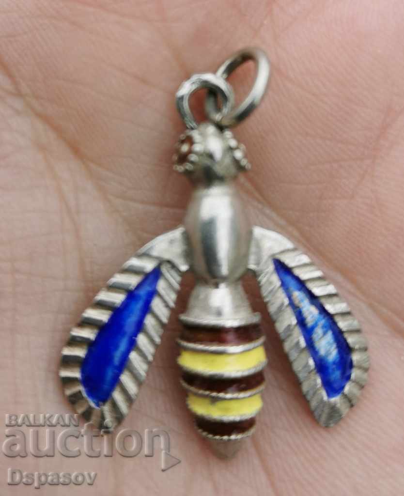 Antique Silver 900 Bee pendant with enamel