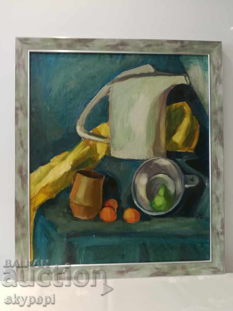 Still life - Oil on cardboard with fabric
