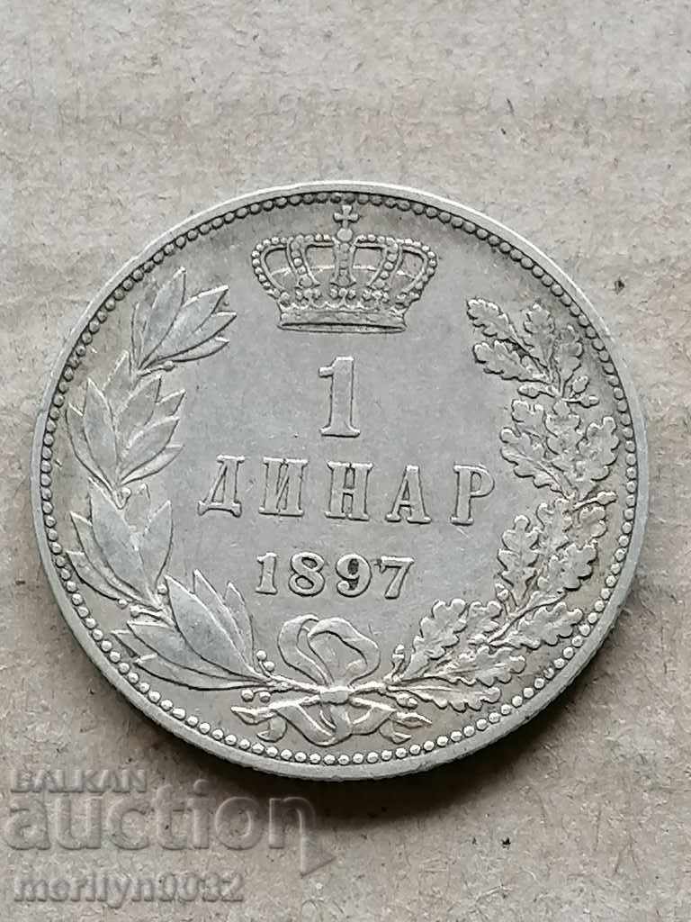 Монета 1 динар 1897 год Кралство Сърбия сребро