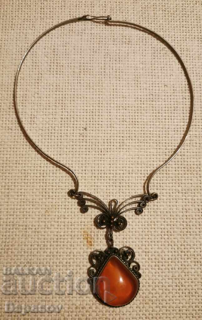 Old Soviet Filigree Necklace with Imitation Amber