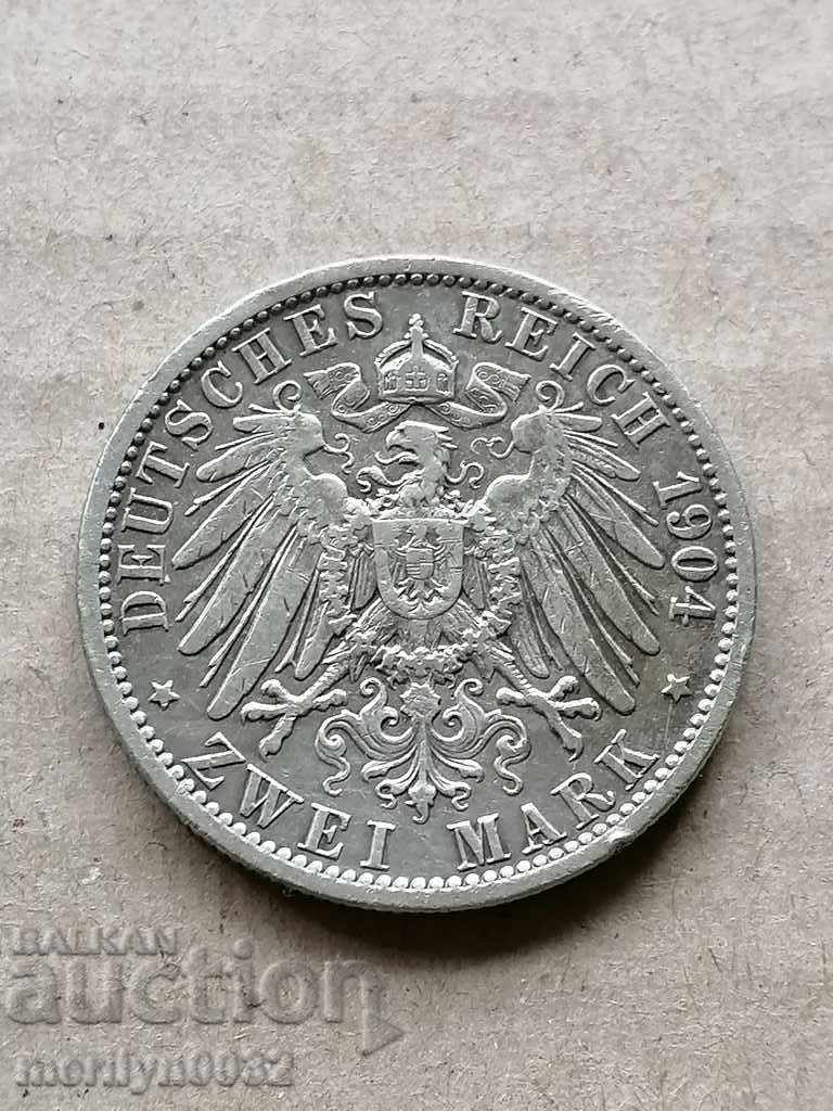 Монета 2 марки 1904 Германия сребро