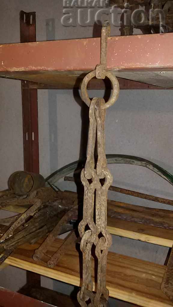Auction Old forged chain with hook, hearth for hearth chain hook Auction Old forged chain with hook, hearth for hearth chain hook