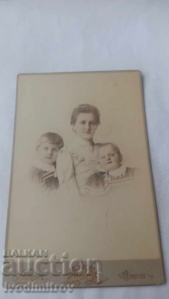 Снимка Жена с двете си деца Картон