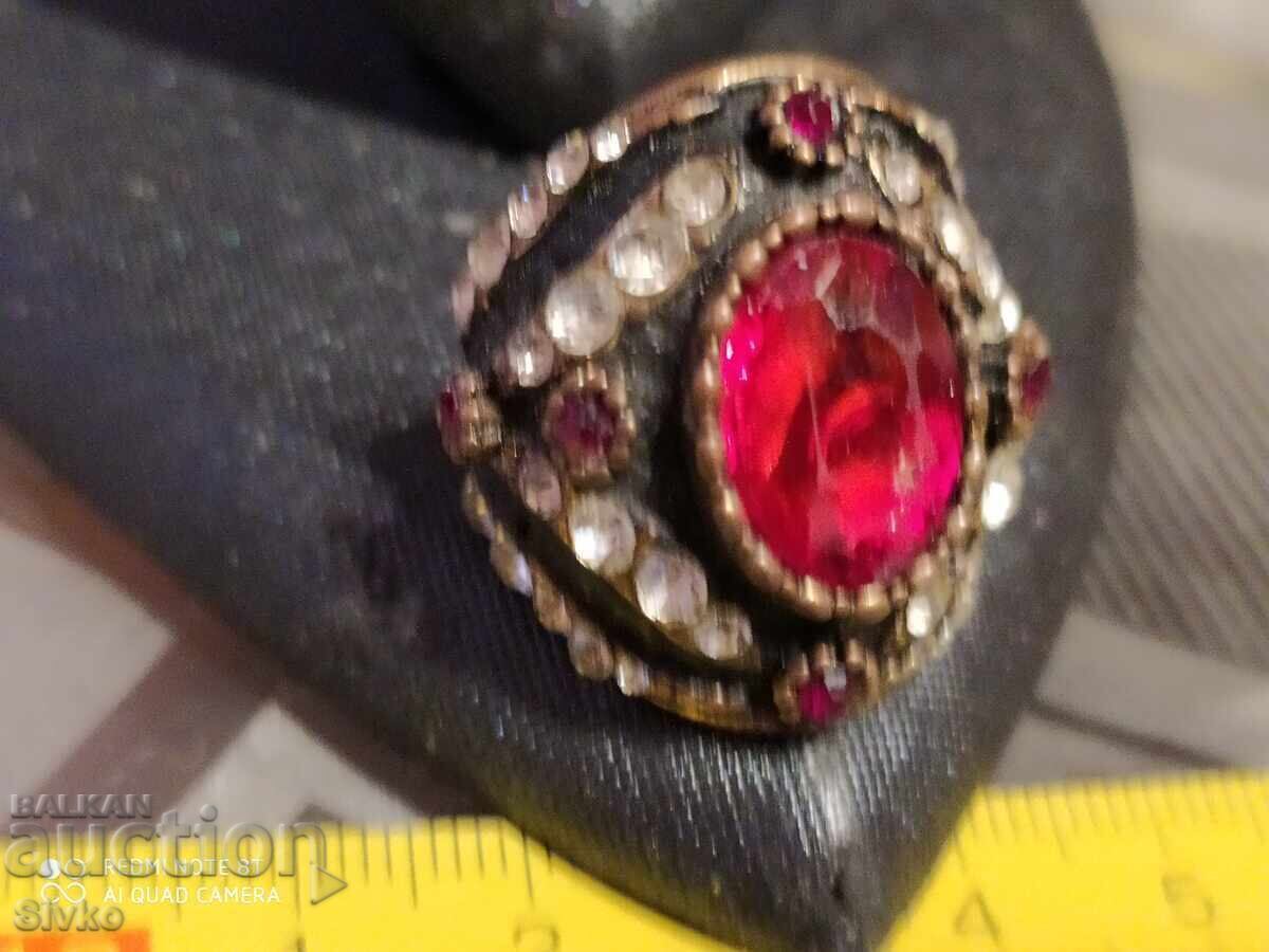 Antique ring with red and white stones, brass Antique ring with red and white stones, brass