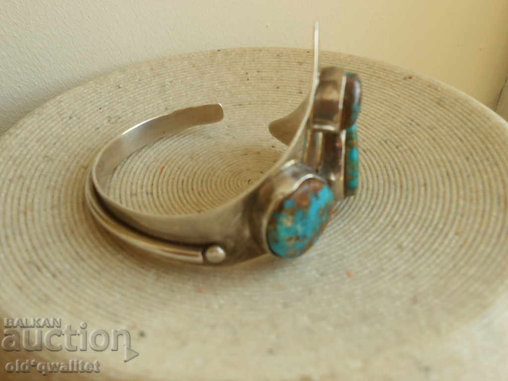 Auction Unique Silver Bracelet, Silver 925 and Turquoise, Tom Wiletto Auction Unique Silver Bracelet, Silver 925 and Turquoise, Tom Wiletto