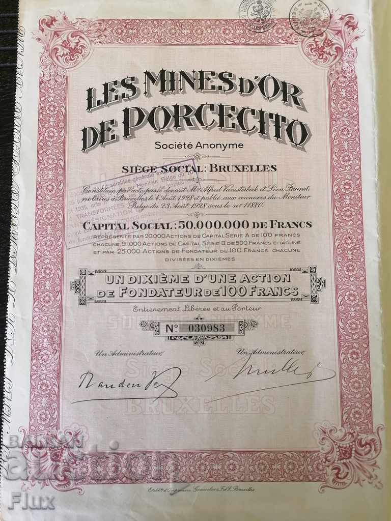 Δημοπρασία Δράση από το Βέλγιο Les Mines d'OR de Porcecito | 1928