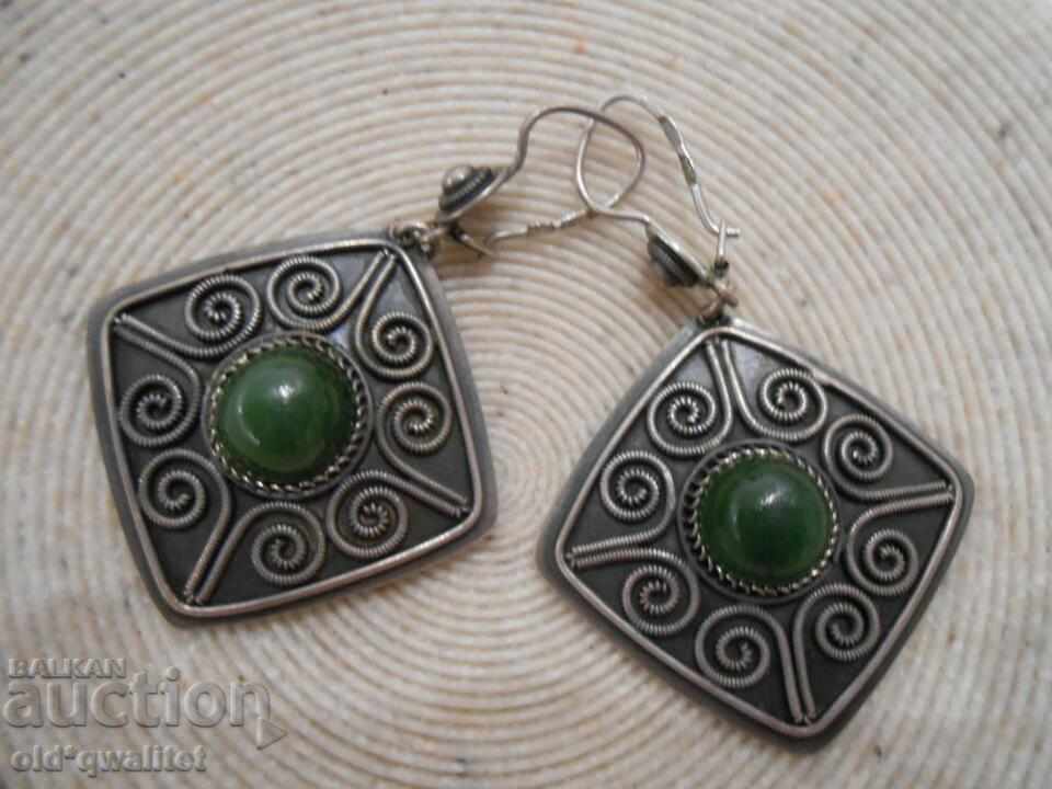long Silver Russian EARRINGS with Jade, Silver 916, stamps with price 497.00 BGN | € 254.11