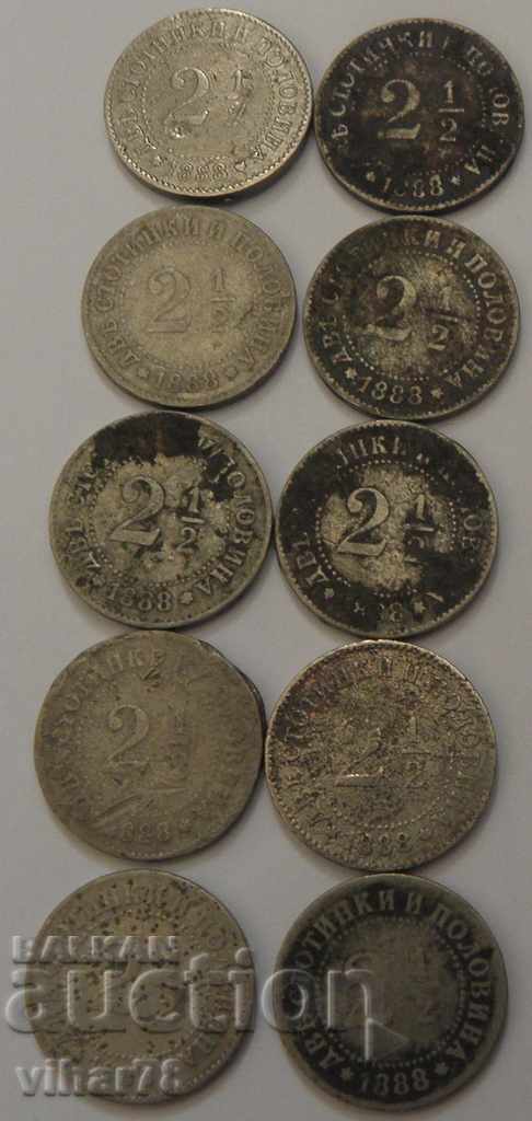 LOT OF 10 pieces - two and a half stotinki 2 and 1/2 1888