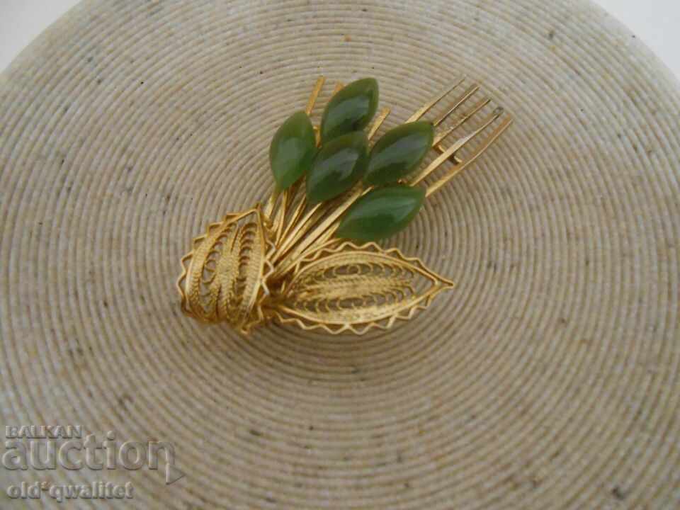Wonderful BROOCH with natural Jade, filigree, gilded - 5 Wonderful BROOCH with natural Jade, filigree, gilded - 5