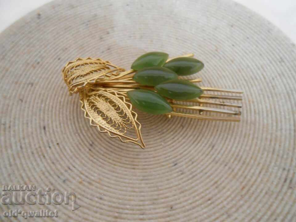 Wonderful BROOCH with natural Jade, filigree, gilded - 6 Wonderful BROOCH with natural Jade, filigree, gilded - 6
