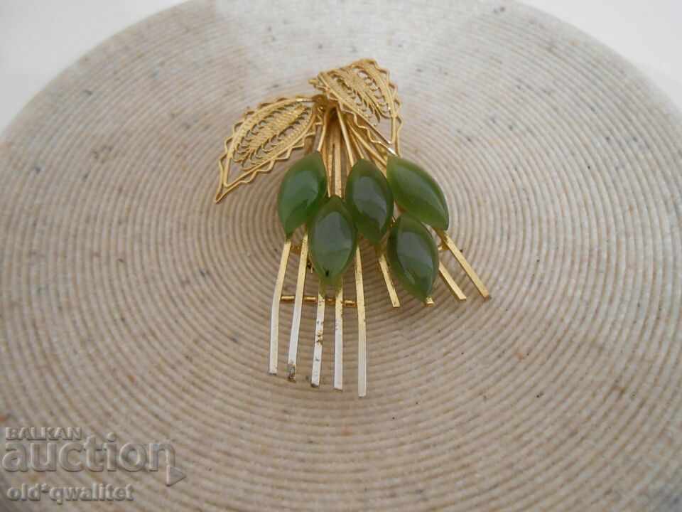 Wonderful BROOCH with natural Jade, filigree, gilded - 7 Wonderful BROOCH with natural Jade, filigree, gilded - 7
