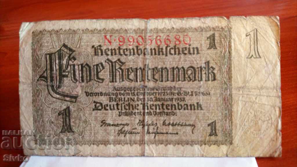 Auction Banknote Germany 1 annuity stamp 1923 Auction Banknote Germany 1 annuity stamp 1923