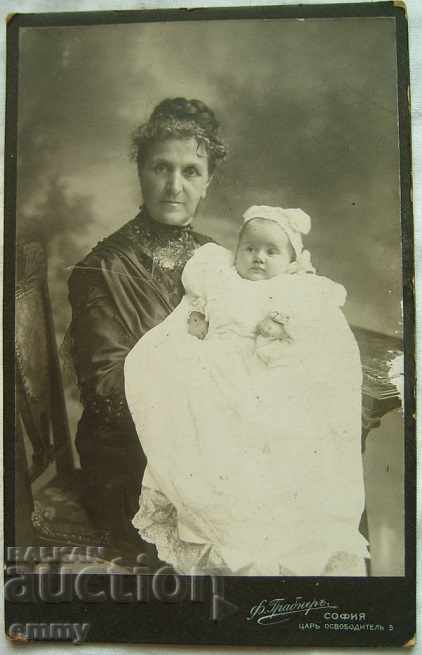 Стара снимка фотография картон баба и бебе Ф.Грабнер 1912 г